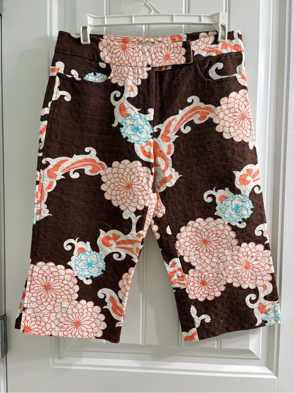 Trina Turk Brown Shorts with Coral and Aqua Floral Motif Hippie Boho